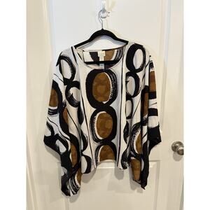 Sz S/M Chico's-Black Brown PONCHO Top Abstract Circle Print Lightweight
